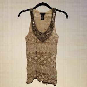 Sheer Apostrophe XS Lace Rave Tank Top Embellished Neckline